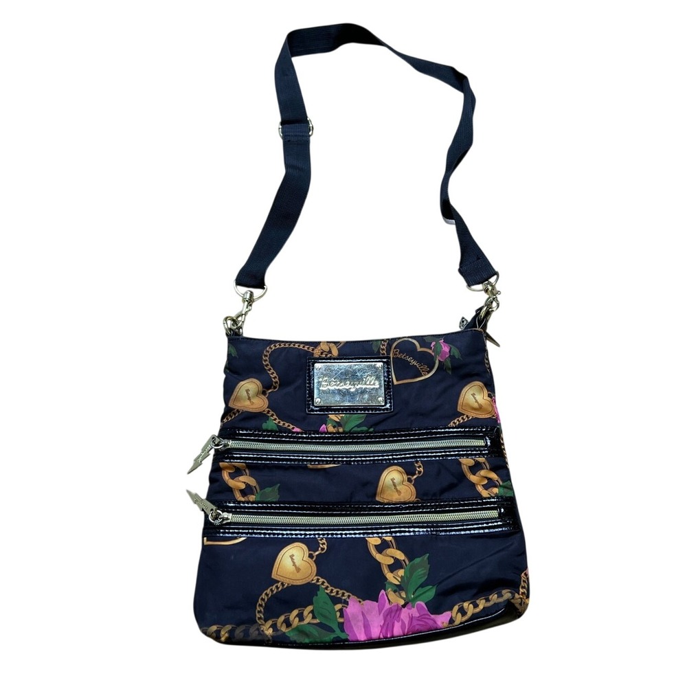Betseyville Crossbody Bag Women Black‎ Y2K Floral Heart Chain Print Patent Trim